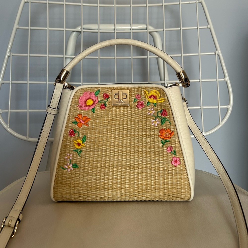 Kate Spade Purse White Leather with Wicker Panel and Floral Embroidery